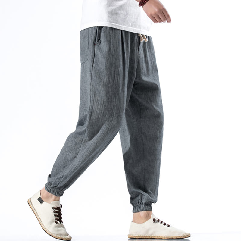 Nimara Ritual Casual Solid Color Drawstring Linen Men's Pants With Pockets