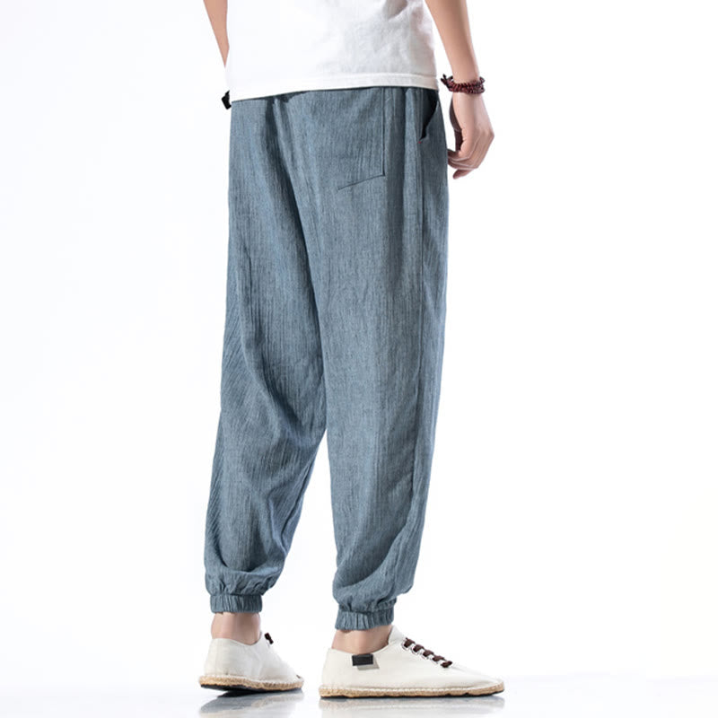 Nimara Ritual Casual Solid Color Drawstring Linen Men's Pants With Pockets