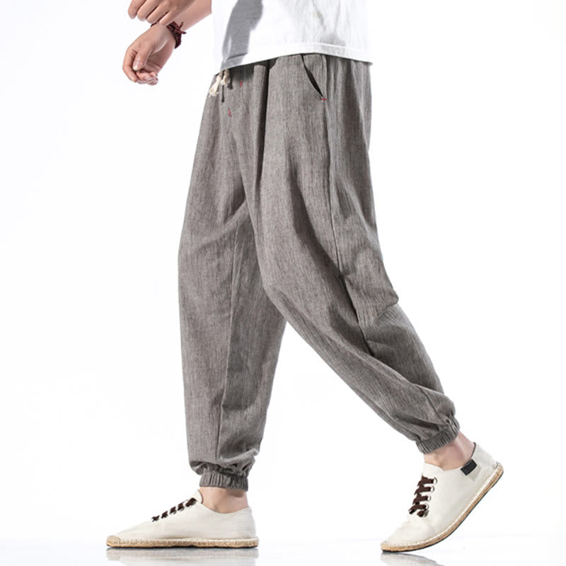 Nimara Ritual Casual Solid Color Drawstring Linen Men's Pants With Pockets