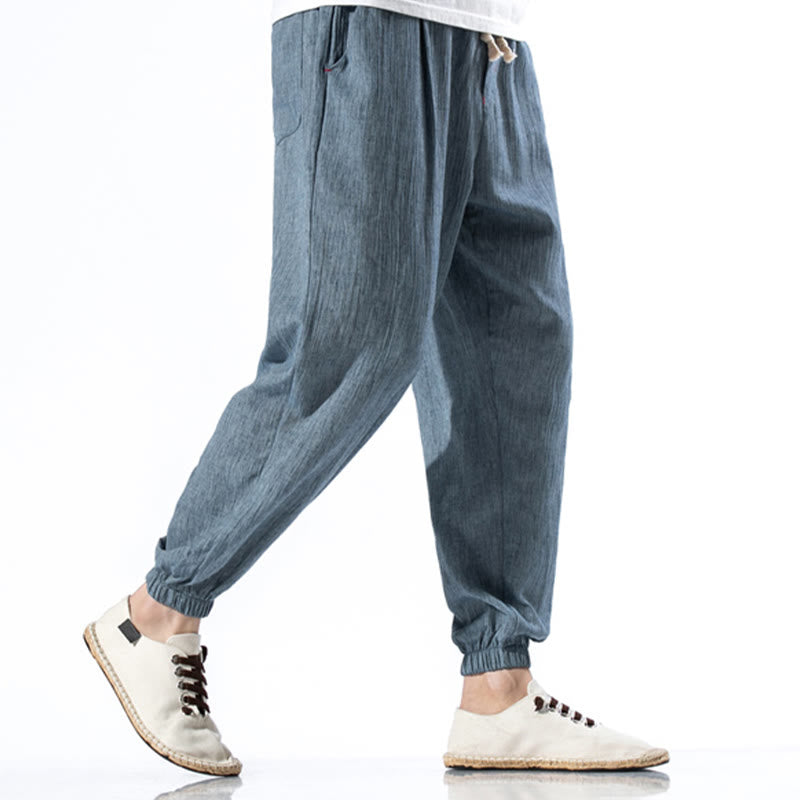 Nimara Ritual Casual Solid Color Drawstring Linen Men's Pants With Pockets