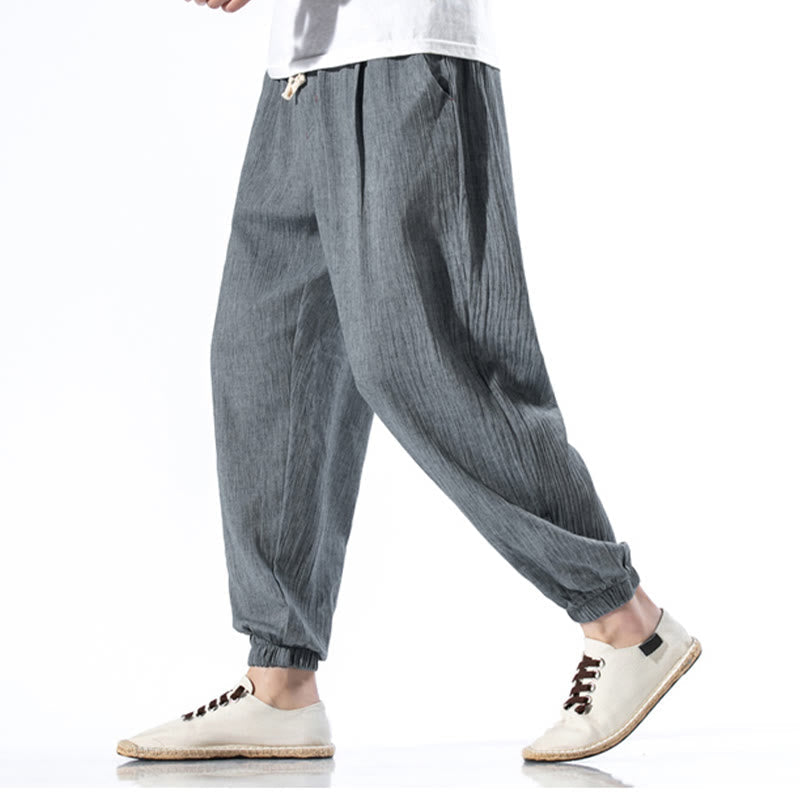 Nimara Ritual Casual Solid Color Drawstring Linen Men's Pants With Pockets