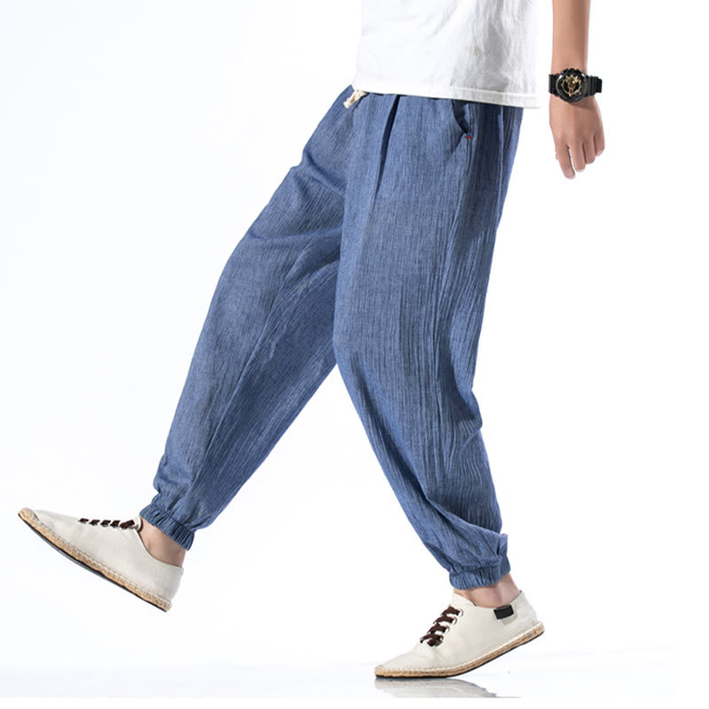 Nimara Ritual Casual Solid Color Drawstring Linen Men's Pants With Pockets