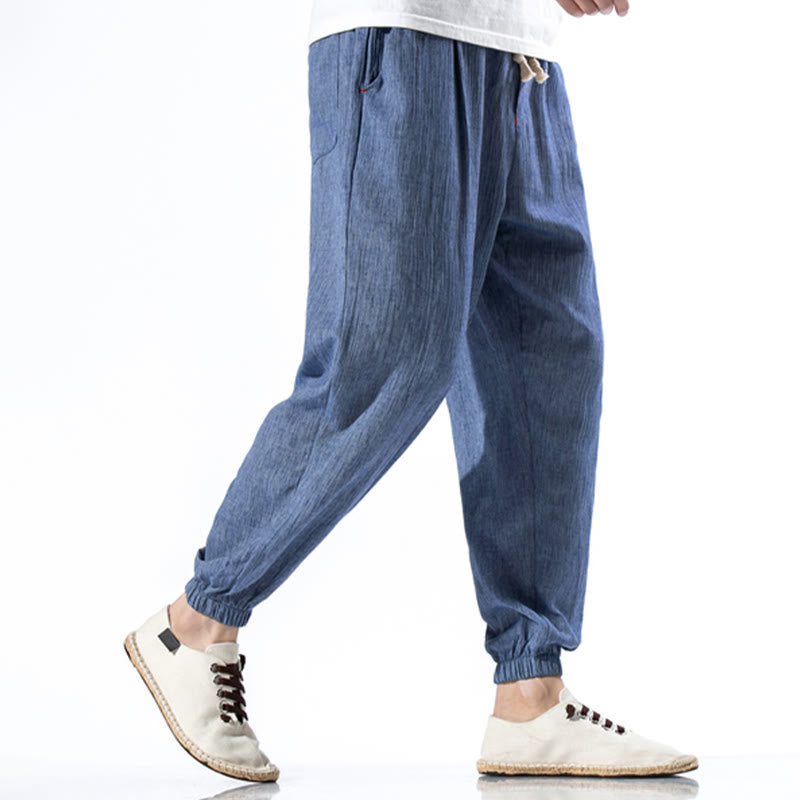 Nimara Ritual Casual Solid Color Drawstring Linen Men's Pants With Pockets