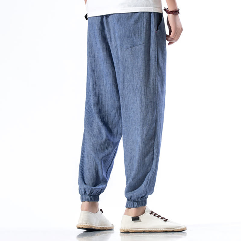 Nimara Ritual Casual Solid Color Drawstring Linen Men's Pants With Pockets
