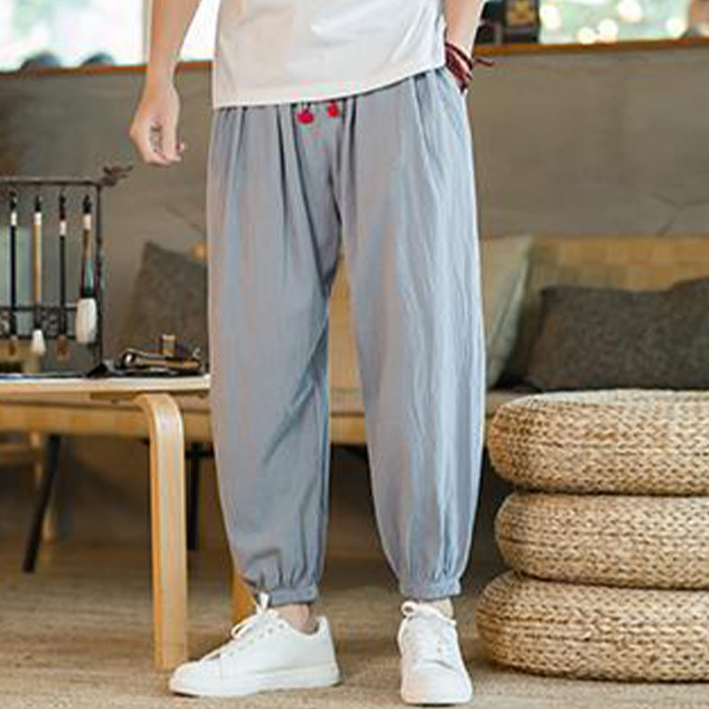 Nimara Ritual Plain Color Red Drawstring Linen Men's Pants With Pockets