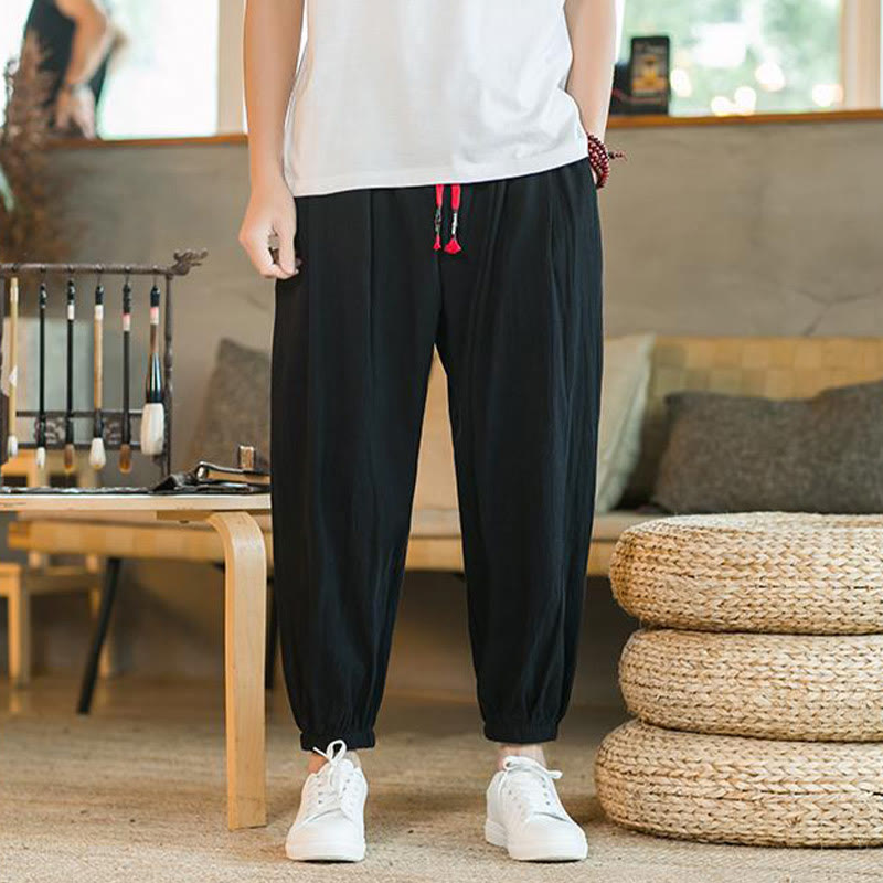 Nimara Ritual Plain Color Red Drawstring Linen Men's Pants With Pockets