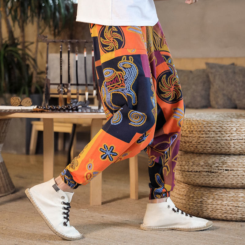Nimara Ritual Grid Flower Print Cotton Men's Harem Cropped Pants With Pockets