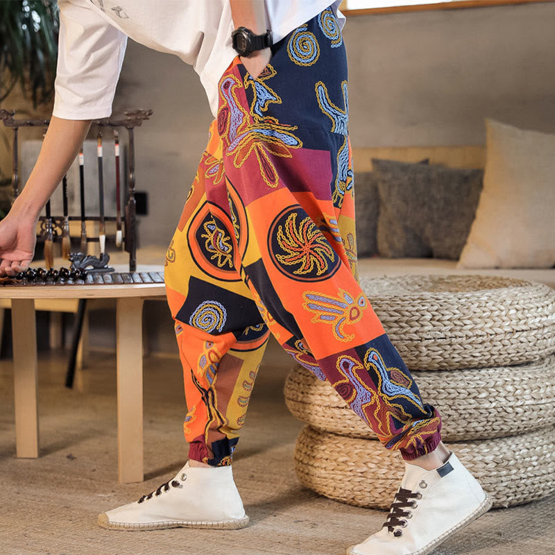 Nimara Ritual Grid Flower Print Cotton Men's Harem Cropped Pants With Pockets