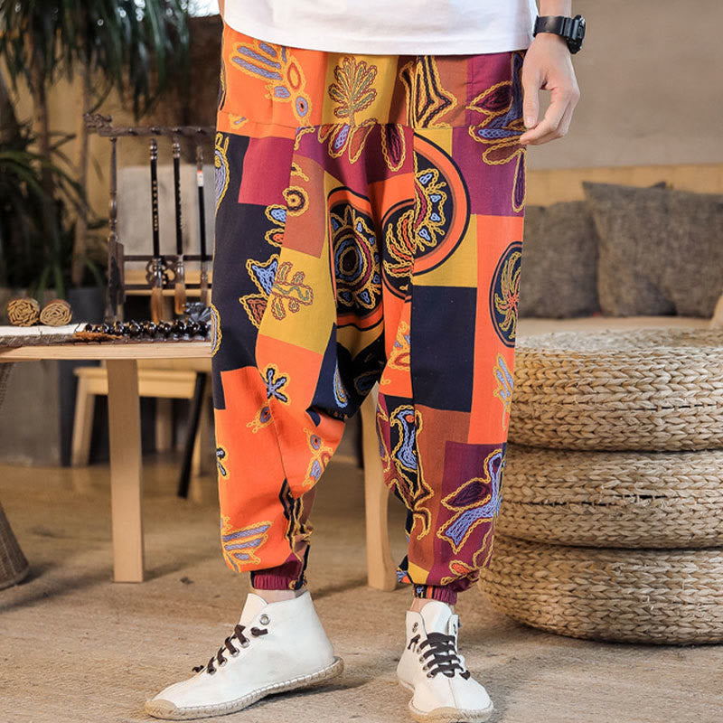 Nimara Ritual Grid Flower Print Cotton Men's Harem Cropped Pants With Pockets