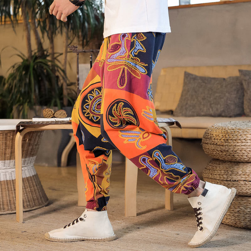 Nimara Ritual Grid Flower Print Cotton Men's Harem Cropped Pants With Pockets