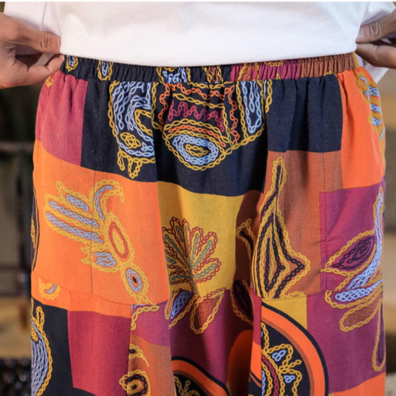 Nimara Ritual Grid Flower Print Cotton Men's Harem Cropped Pants With Pockets