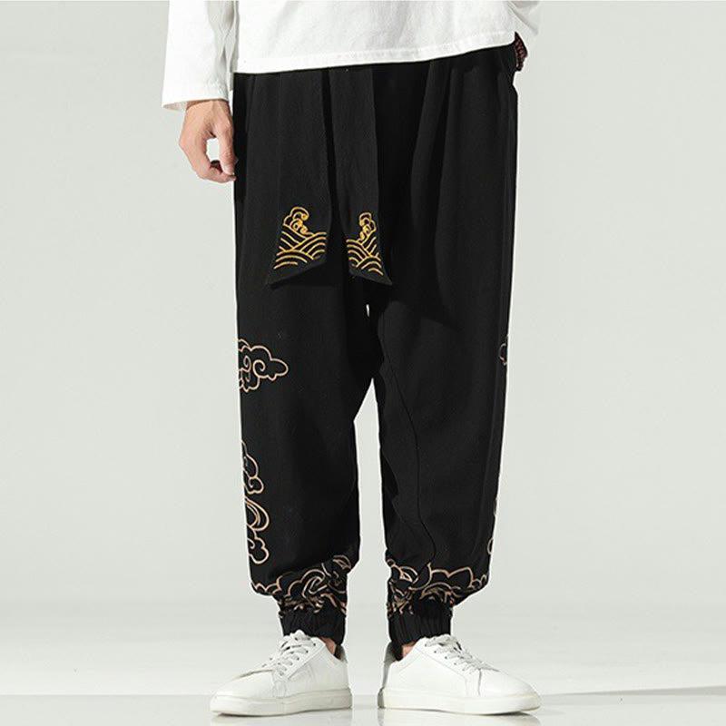 Nimara Ritual Auspicious Clouds Cotton Linen Men's Drawstring Harem Pants With Pockets