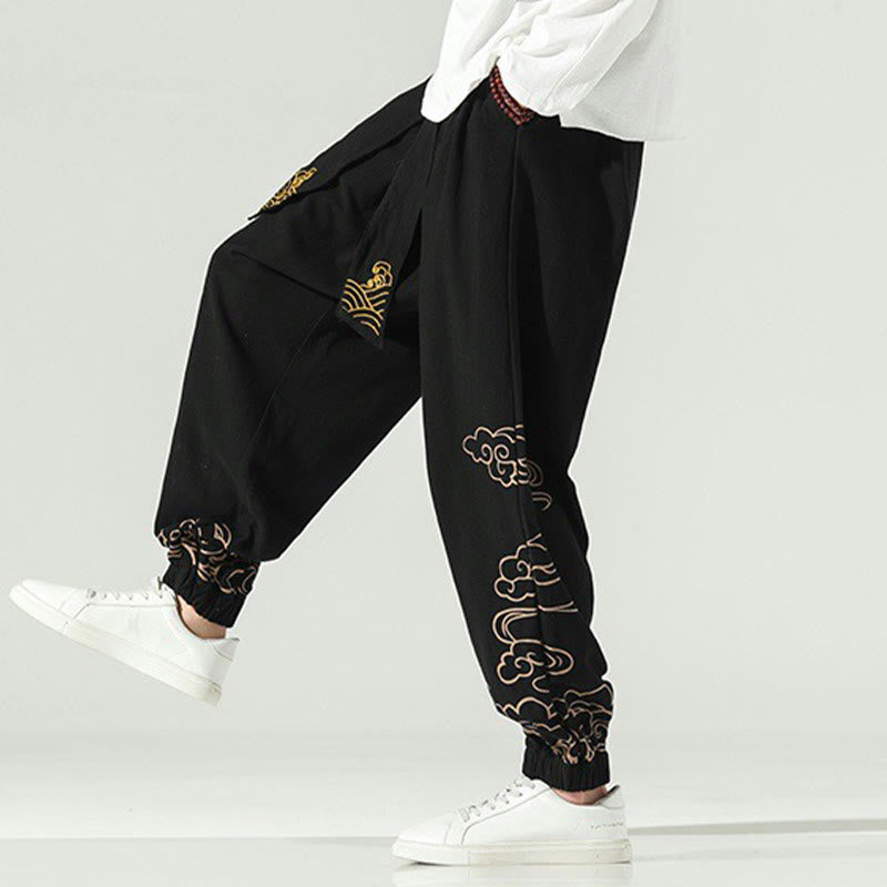 Nimara Ritual Auspicious Clouds Cotton Linen Men's Drawstring Harem Pants With Pockets