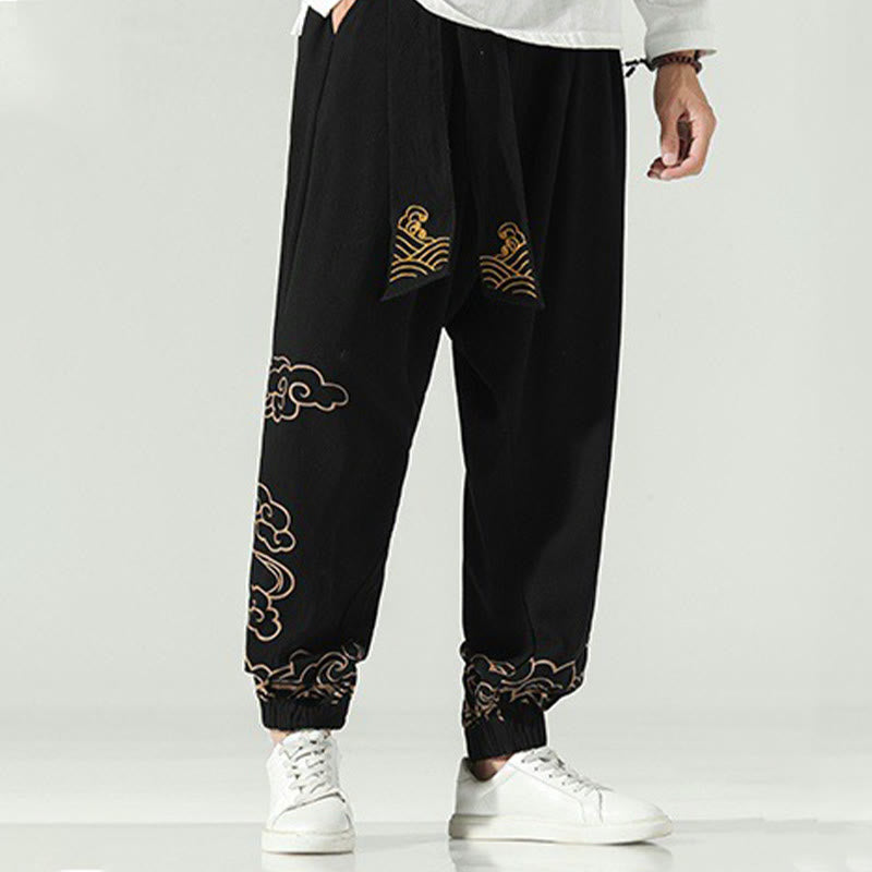 Nimara Ritual Auspicious Clouds Cotton Linen Men's Drawstring Harem Pants With Pockets