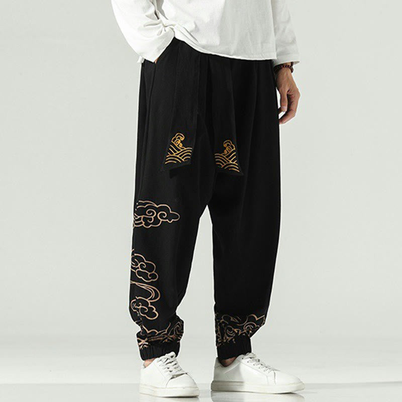 Nimara Ritual Auspicious Clouds Cotton Linen Men's Drawstring Harem Pants With Pockets