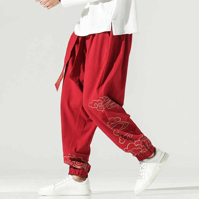 Nimara Ritual Auspicious Clouds Cotton Linen Men's Drawstring Harem Pants With Pockets