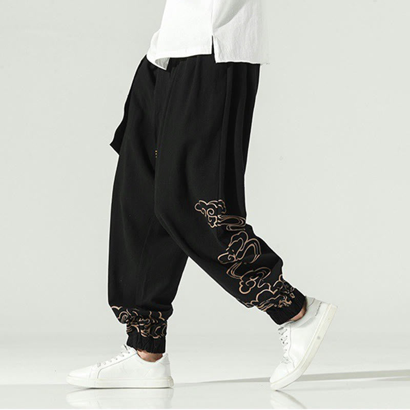 Nimara Ritual Auspicious Clouds Cotton Linen Men's Drawstring Harem Pants With Pockets