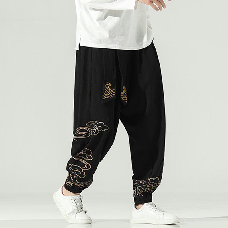 Nimara Ritual Auspicious Clouds Cotton Linen Men's Drawstring Harem Pants With Pockets