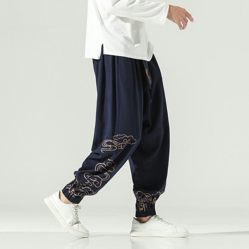 Nimara Ritual Auspicious Clouds Cotton Linen Men's Drawstring Harem Pants With Pockets