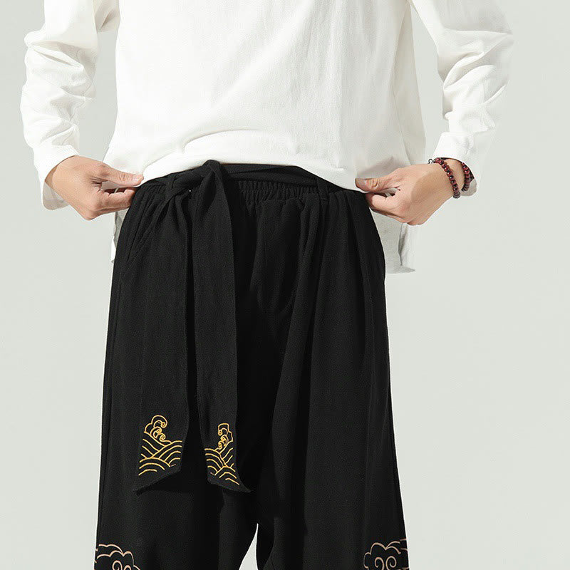 Nimara Ritual Auspicious Clouds Cotton Linen Men's Drawstring Harem Pants With Pockets