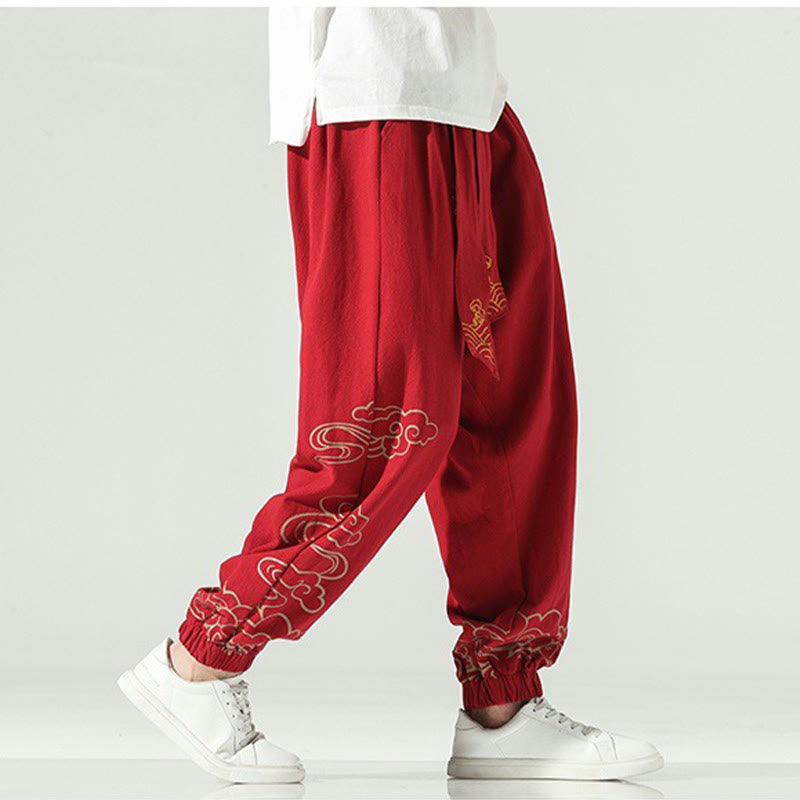 Nimara Ritual Auspicious Clouds Cotton Linen Men's Drawstring Harem Pants With Pockets