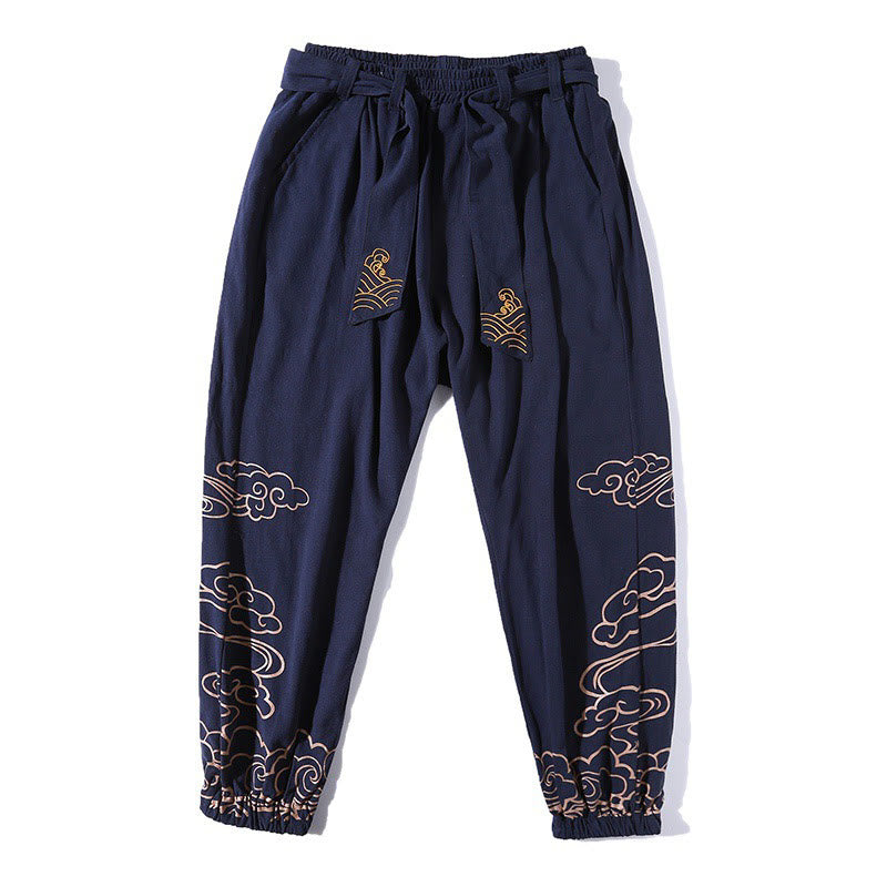 Nimara Ritual Auspicious Clouds Cotton Linen Men's Drawstring Harem Pants With Pockets