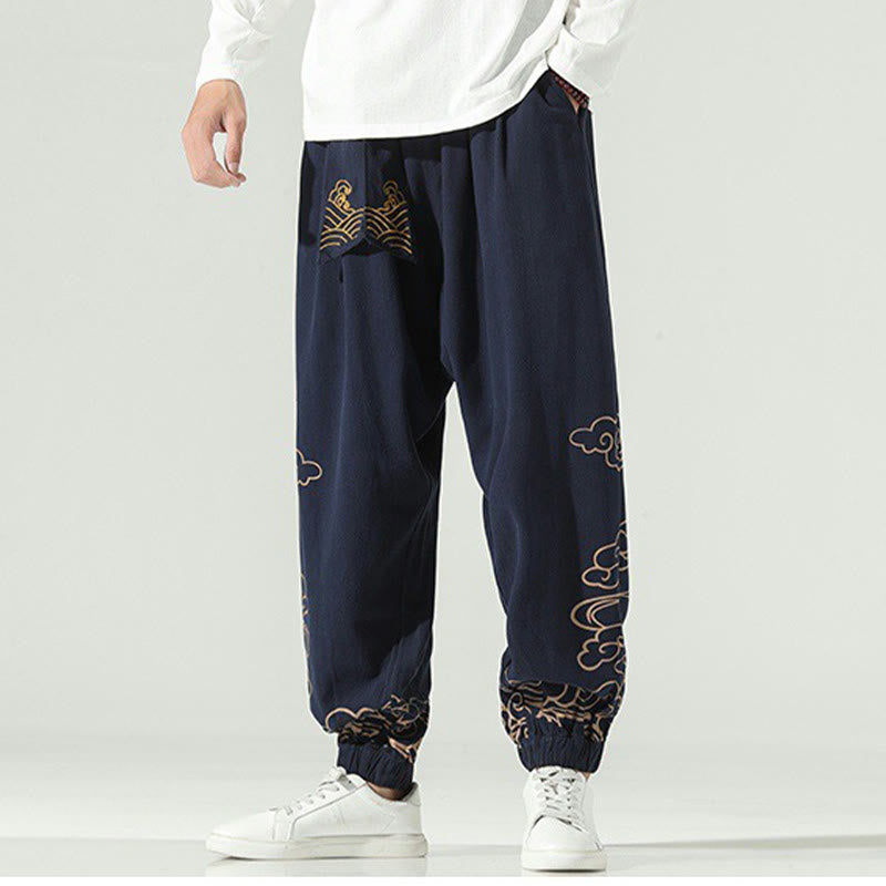 Nimara Ritual Auspicious Clouds Cotton Linen Men's Drawstring Harem Pants With Pockets