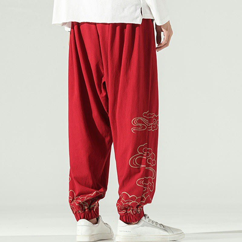 Nimara Ritual Auspicious Clouds Cotton Linen Men's Drawstring Harem Pants With Pockets