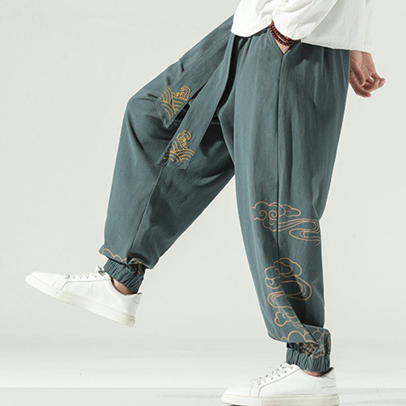 Nimara Ritual Auspicious Clouds Cotton Linen Men's Drawstring Harem Pants With Pockets