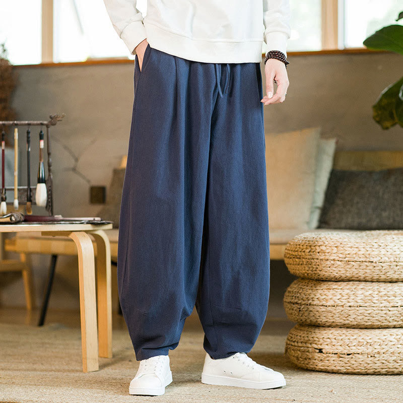 Nimara Ritual Solid Color Cotton Linen Drawstring Men's Harem Pants With Pockets