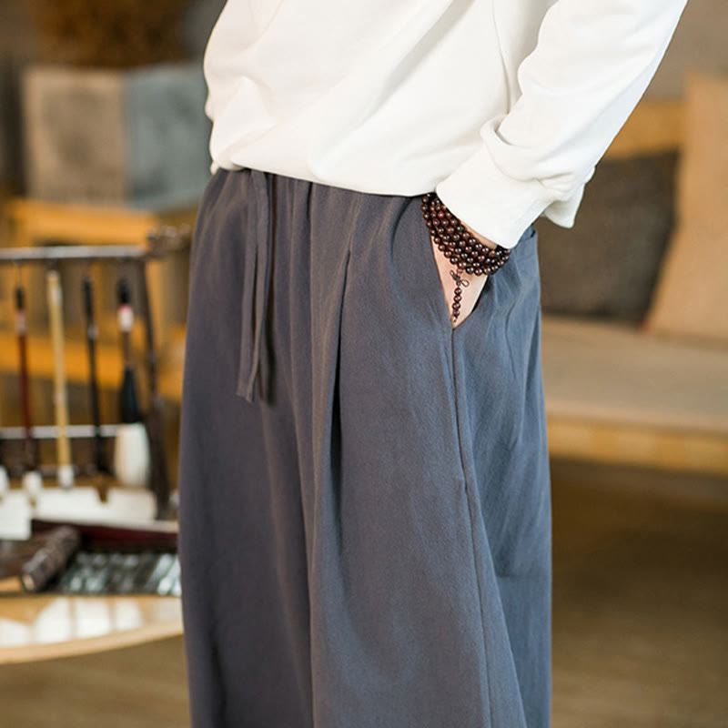 Nimara Ritual Solid Color Cotton Linen Drawstring Men's Harem Pants With Pockets