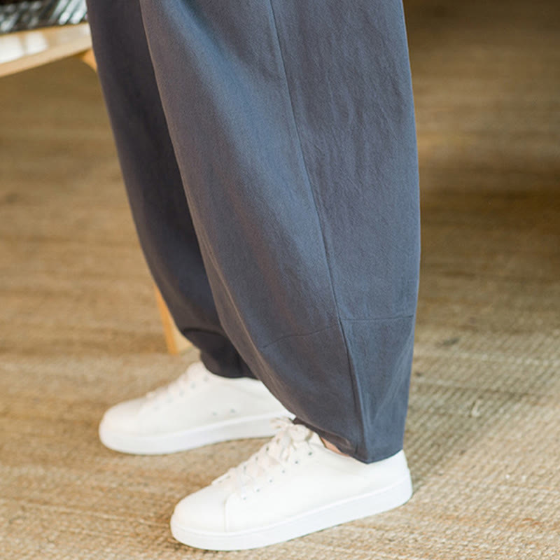 Nimara Ritual Solid Color Cotton Linen Drawstring Men's Harem Pants With Pockets