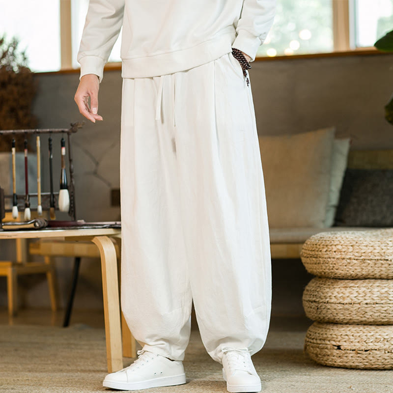 Nimara Ritual Solid Color Cotton Linen Drawstring Men's Harem Pants With Pockets