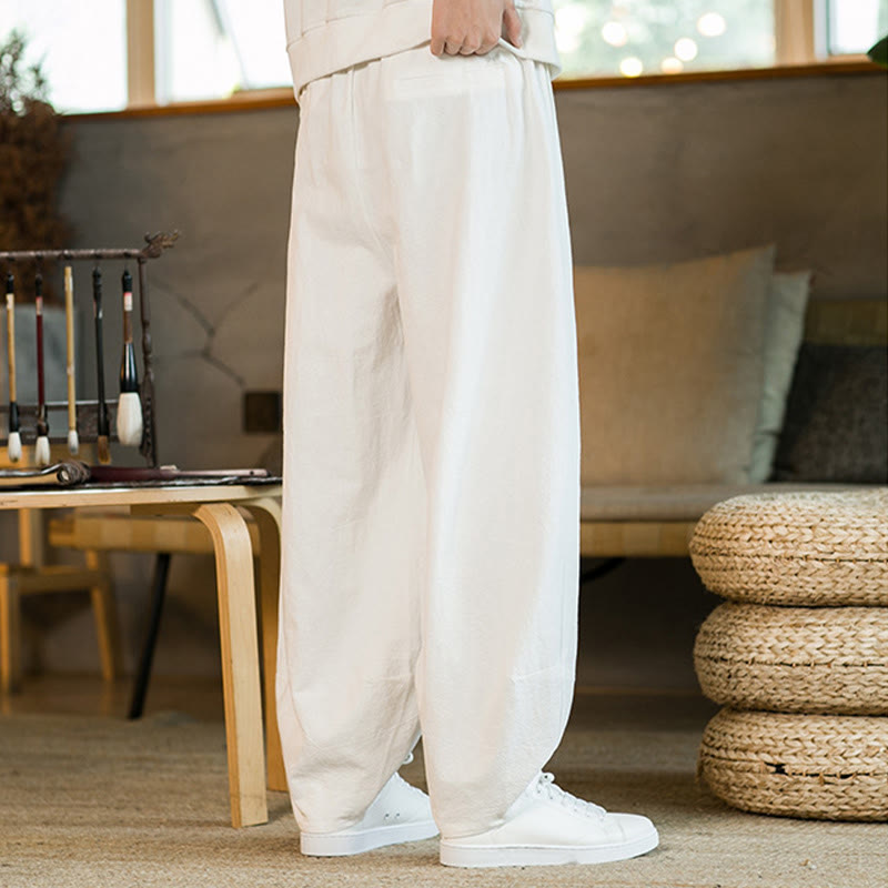 Nimara Ritual Solid Color Cotton Linen Drawstring Men's Harem Pants With Pockets