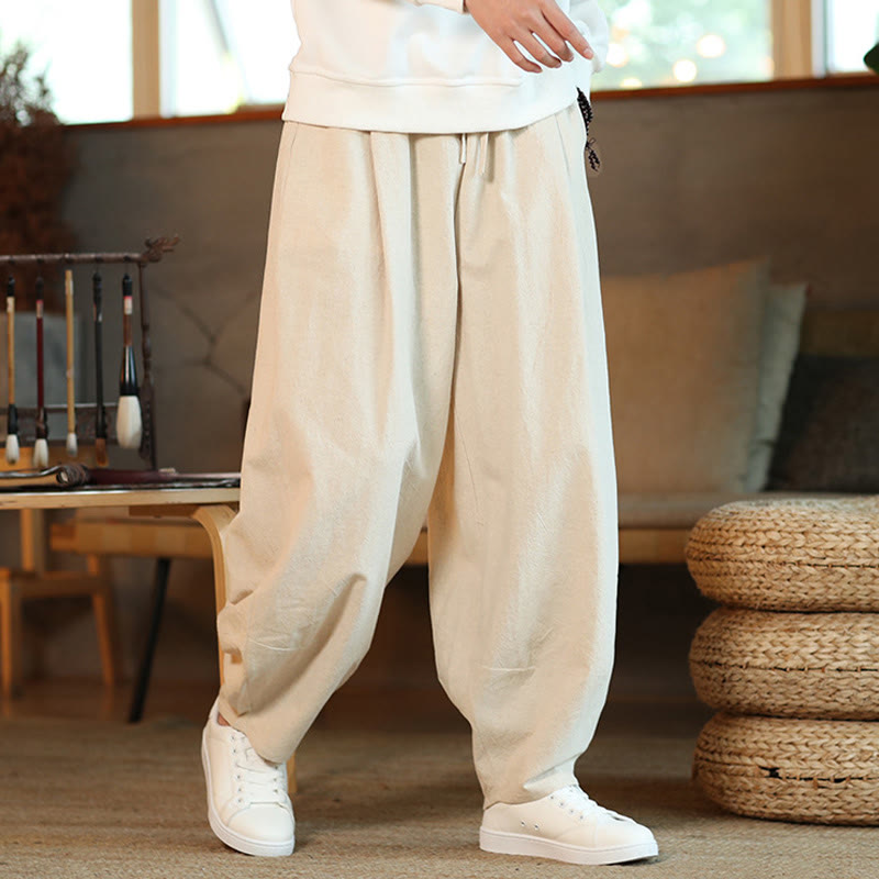 Nimara Ritual Solid Color Cotton Linen Drawstring Men's Harem Pants With Pockets
