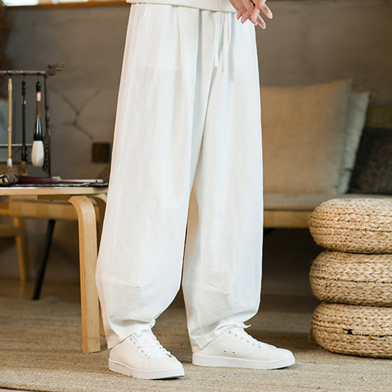 Nimara Ritual Solid Color Cotton Linen Drawstring Men's Harem Pants With Pockets