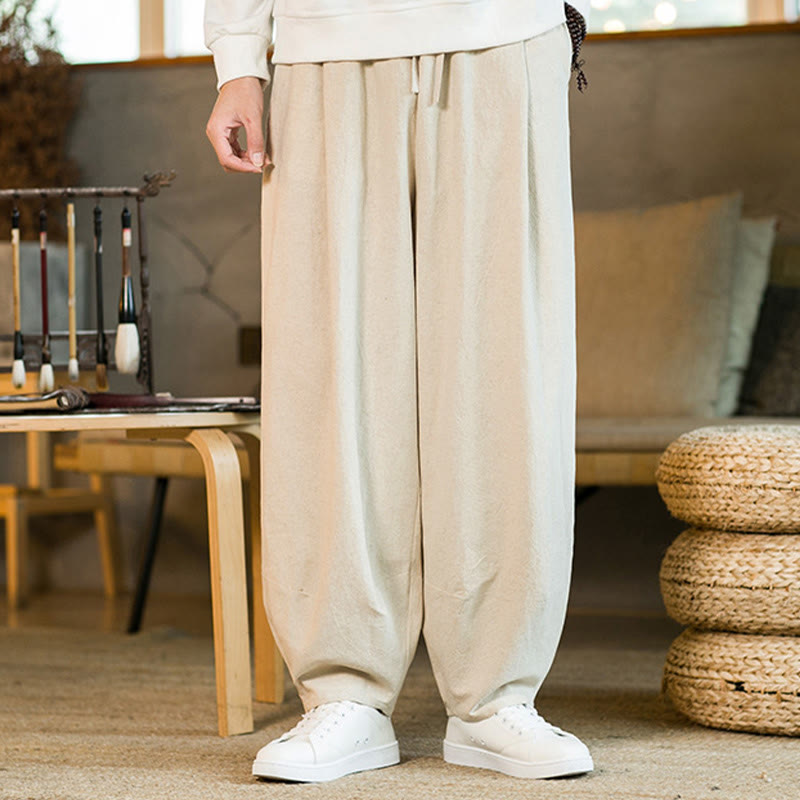 Nimara Ritual Solid Color Cotton Linen Drawstring Men's Harem Pants With Pockets