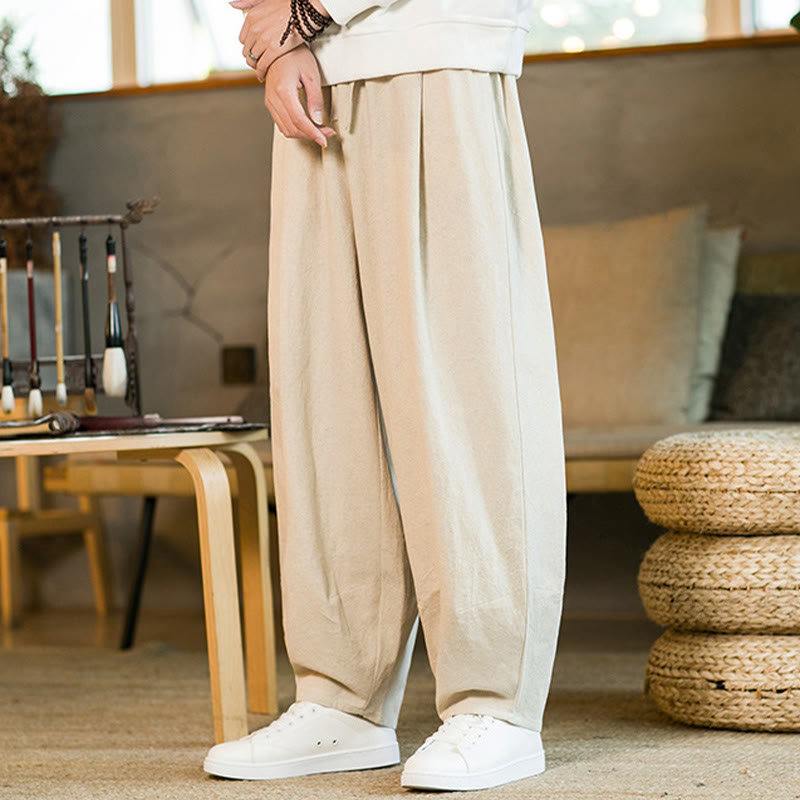 Nimara Ritual Solid Color Cotton Linen Drawstring Men's Harem Pants With Pockets
