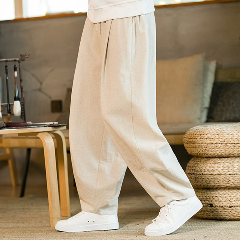 Nimara Ritual Solid Color Cotton Linen Drawstring Men's Harem Pants With Pockets