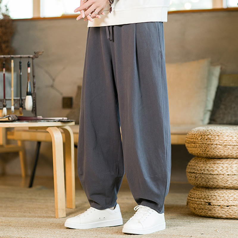 Nimara Ritual Solid Color Cotton Linen Drawstring Men's Harem Pants With Pockets