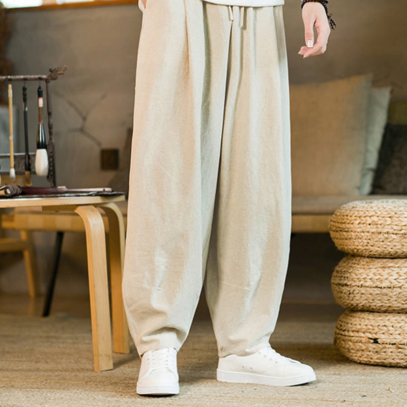 Nimara Ritual Solid Color Cotton Linen Drawstring Men's Harem Pants With Pockets