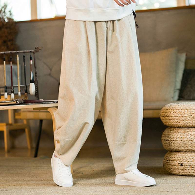 Nimara Ritual Solid Color Cotton Linen Drawstring Men's Harem Pants With Pockets