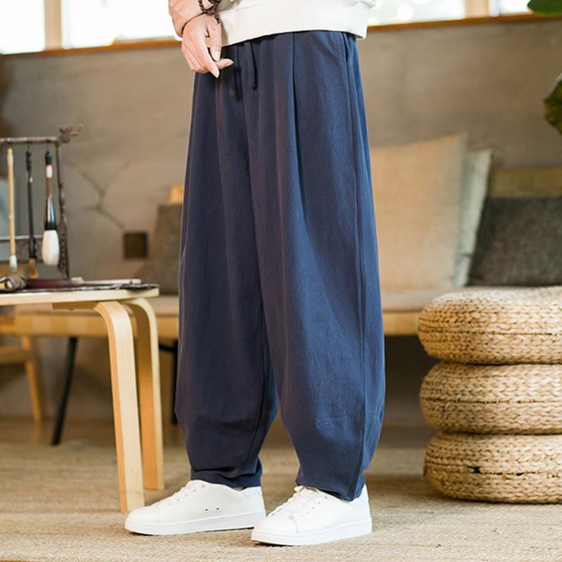 Nimara Ritual Solid Color Cotton Linen Drawstring Men's Harem Pants With Pockets