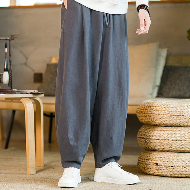 Nimara Ritual Solid Color Cotton Linen Drawstring Men's Harem Pants With Pockets