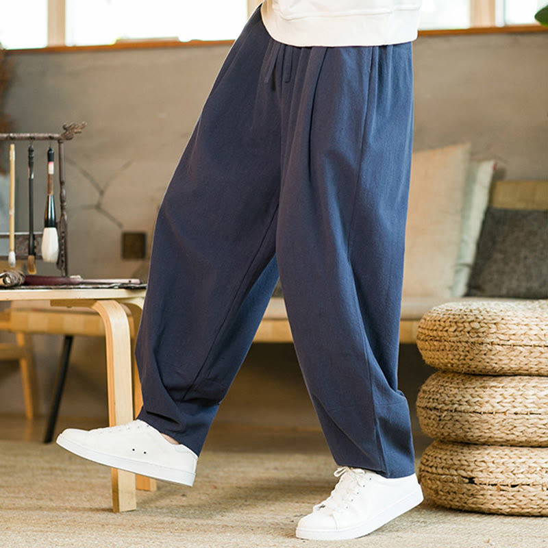 Nimara Ritual Solid Color Cotton Linen Drawstring Men's Harem Pants With Pockets