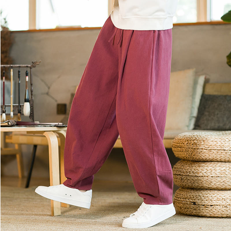 Nimara Ritual Solid Color Cotton Linen Drawstring Men's Harem Pants With Pockets