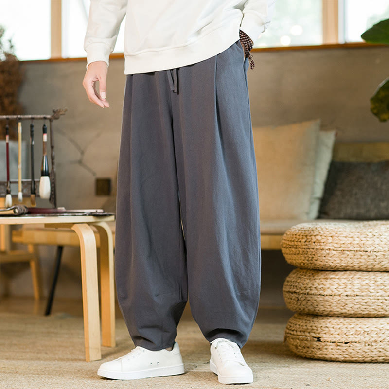 Nimara Ritual Solid Color Cotton Linen Drawstring Men's Harem Pants With Pockets