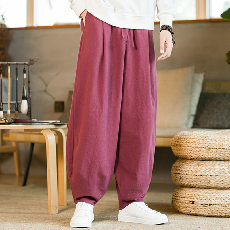 Nimara Ritual Solid Color Cotton Linen Drawstring Men's Harem Pants With Pockets
