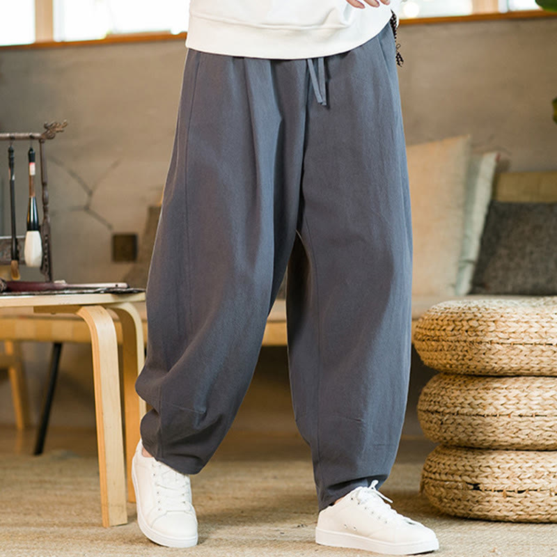 Nimara Ritual Solid Color Cotton Linen Drawstring Men's Harem Pants With Pockets