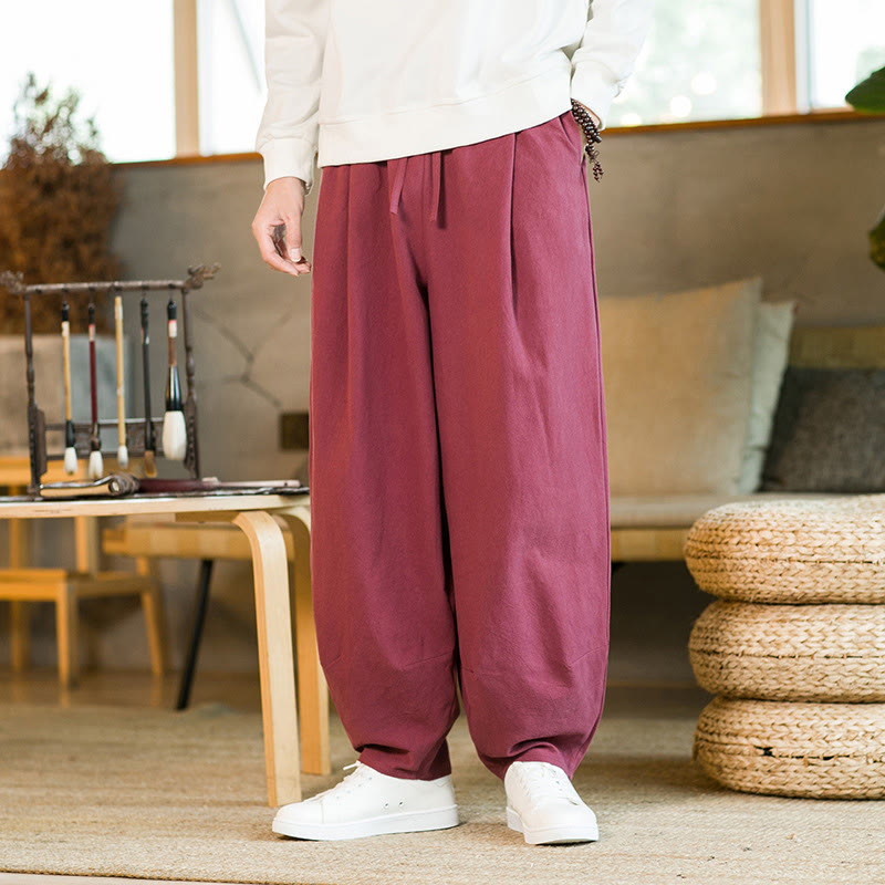 Nimara Ritual Solid Color Cotton Linen Drawstring Men's Harem Pants With Pockets